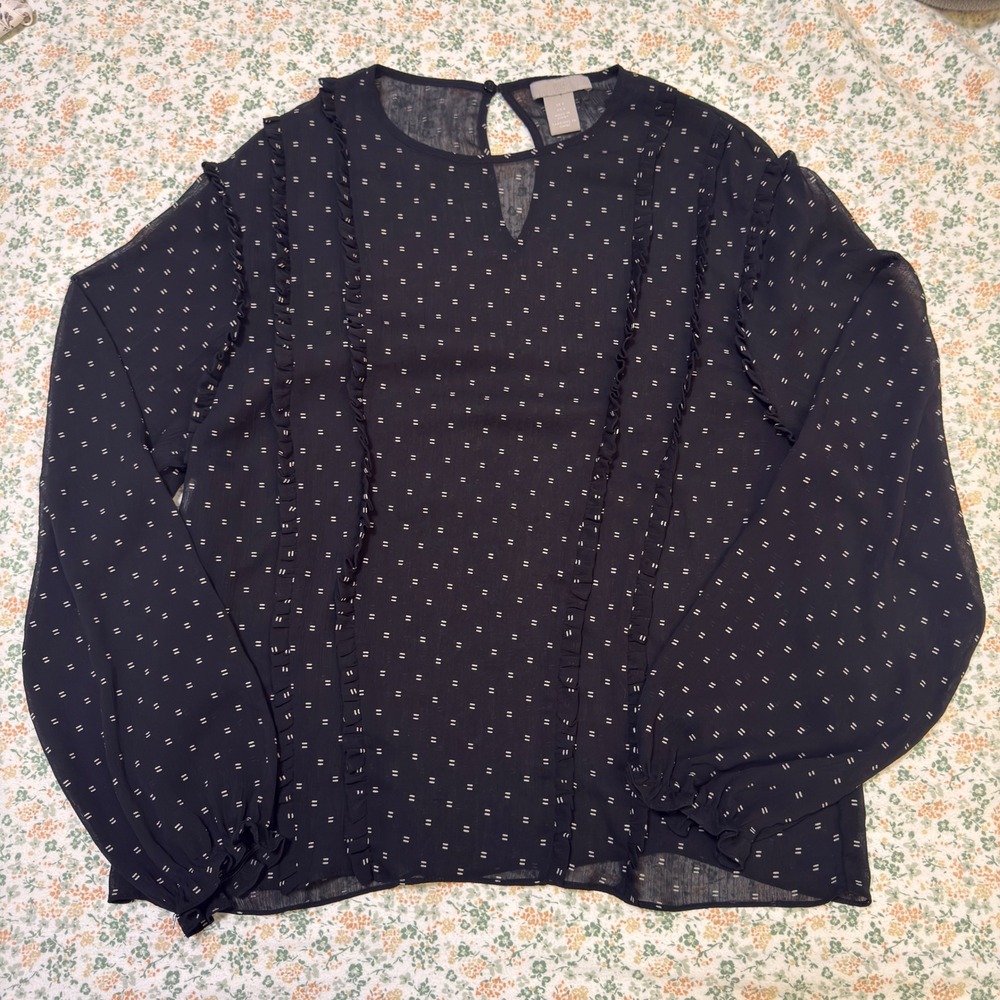 H&M Navy Swiss Dot Ruffle Blouse – US 6